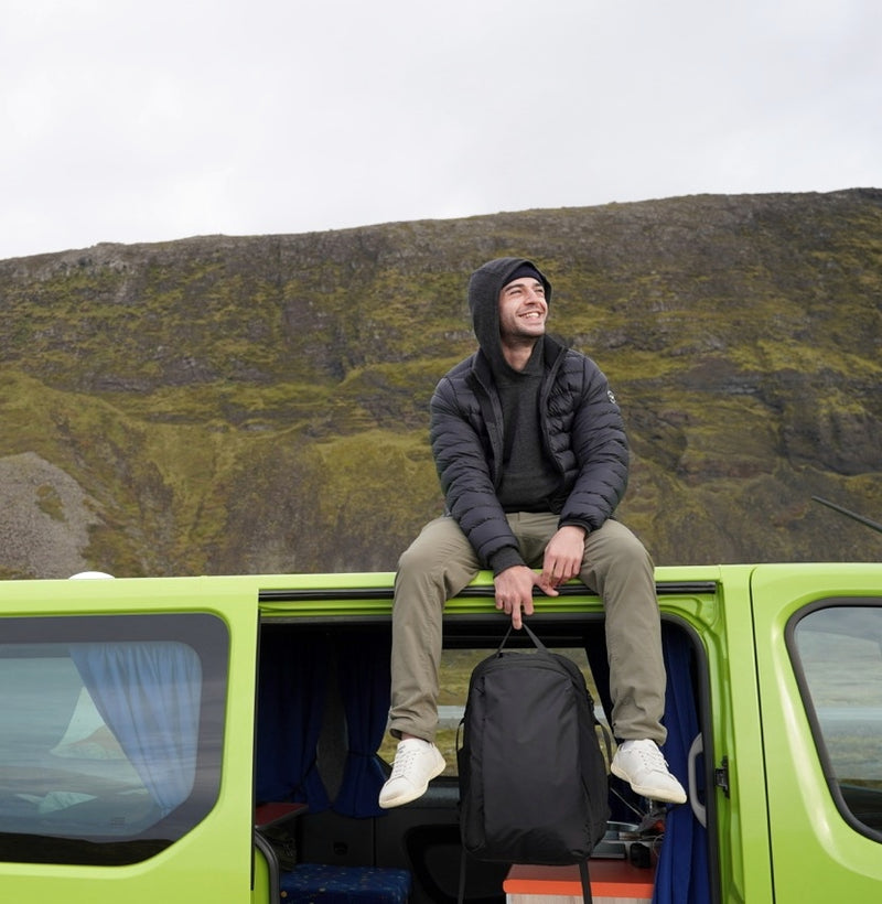 Dylan travelling with the Almond Oak backpack